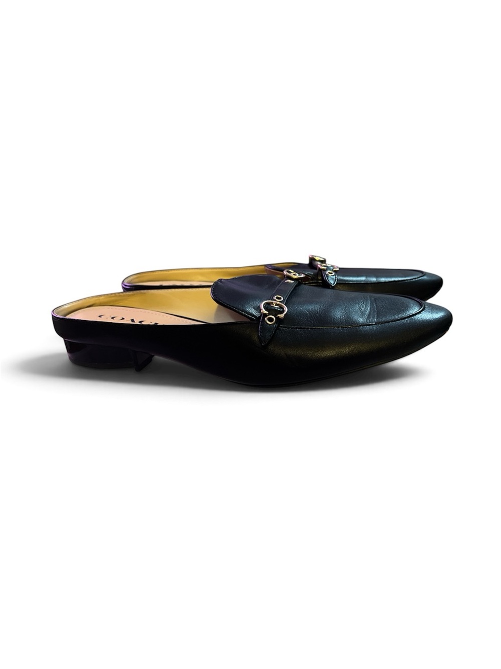 COACH Black Leather Pointed Toe Slip-On Loafers with Gold Accents - Picture 2 of 3